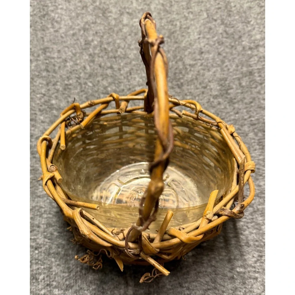 Small Rustic Grapevine Woven Basket w/ Handle and Plastic Liner Brown Farmhouse